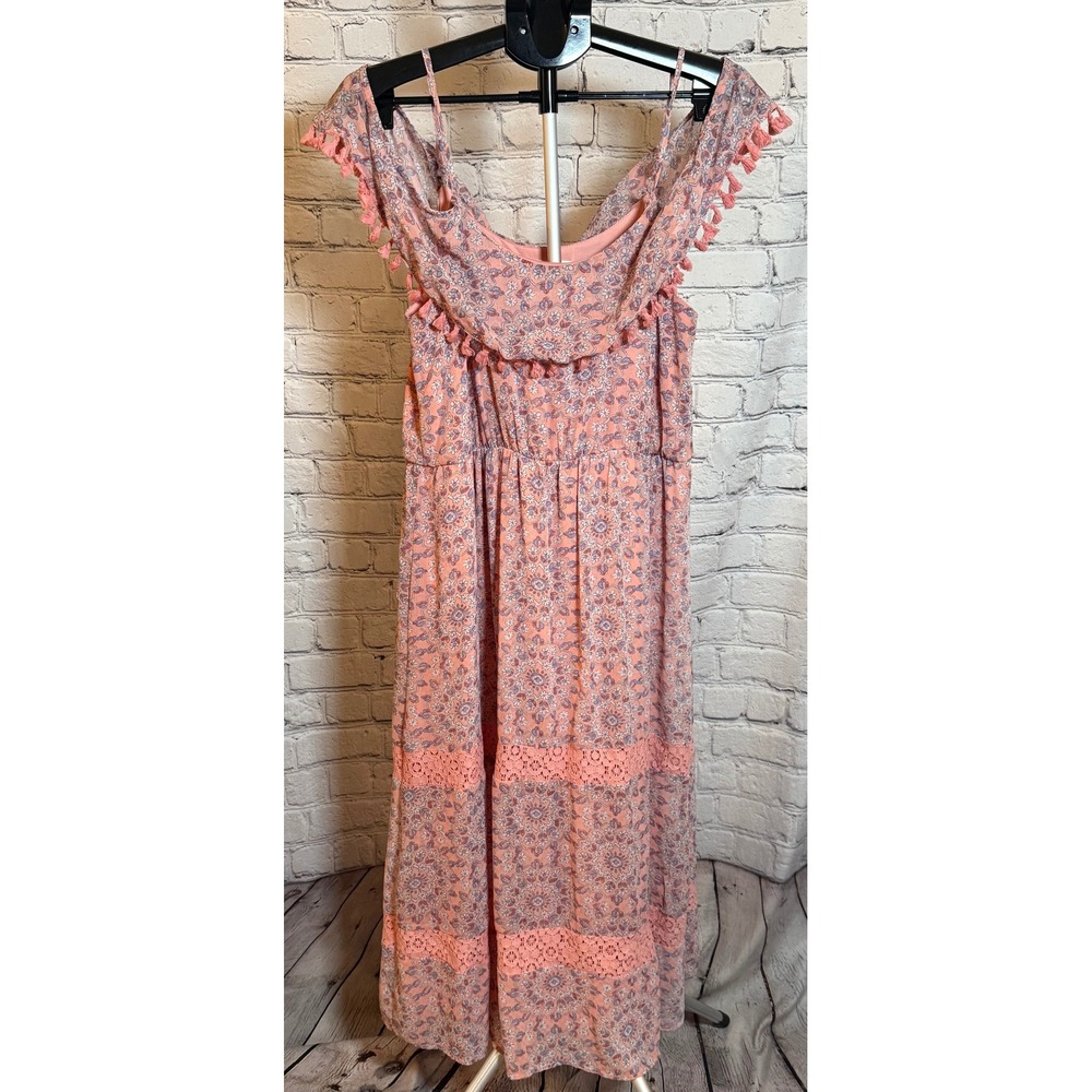 Rewind Coral Medallion Print Lace Tiered Tassel Maxi Dress Large‎